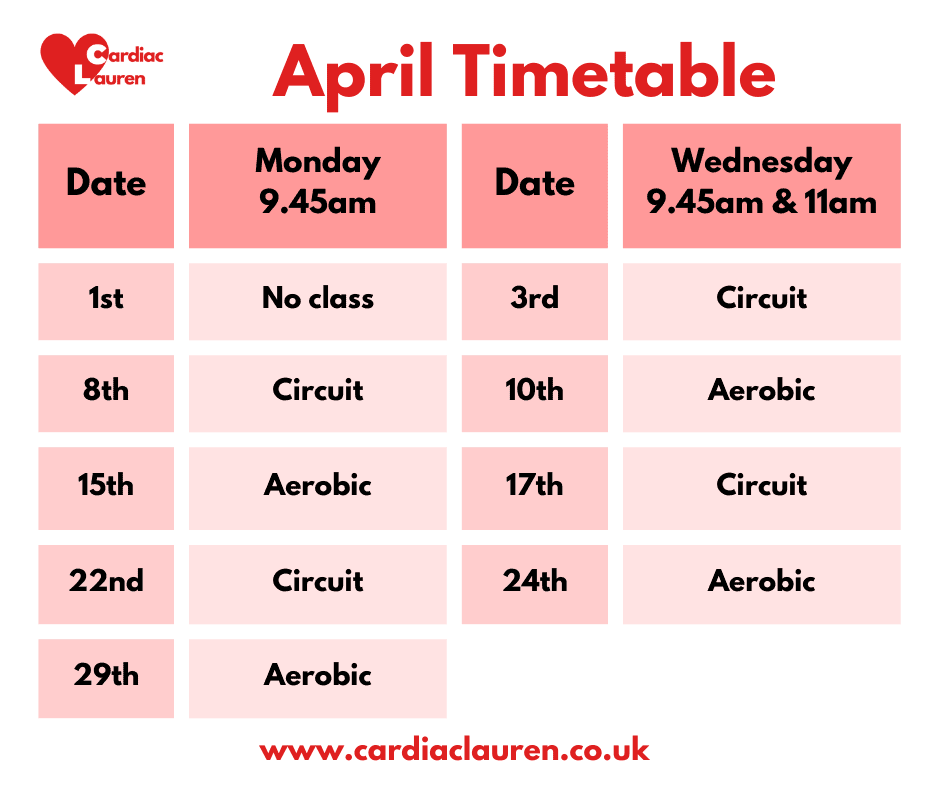 April 2024 - surbiton face to face cardiac rehab class timetable