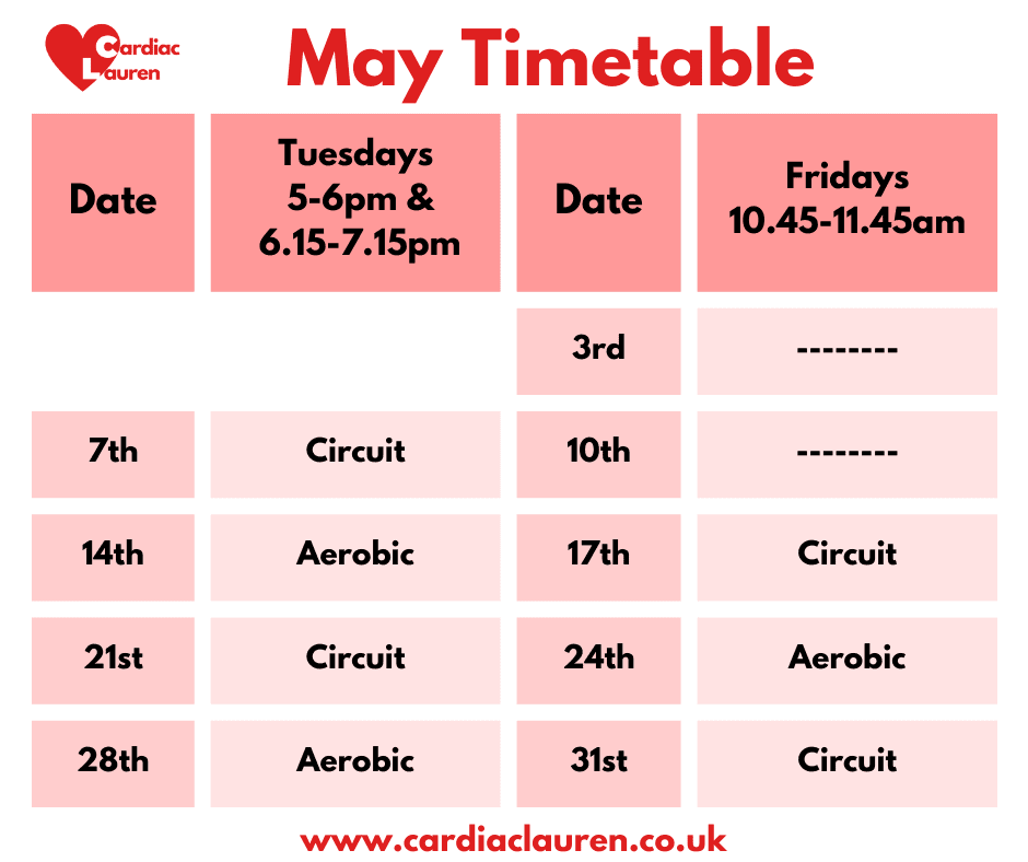 May 2024 - purley face-to-face cardiac rehab class timetable