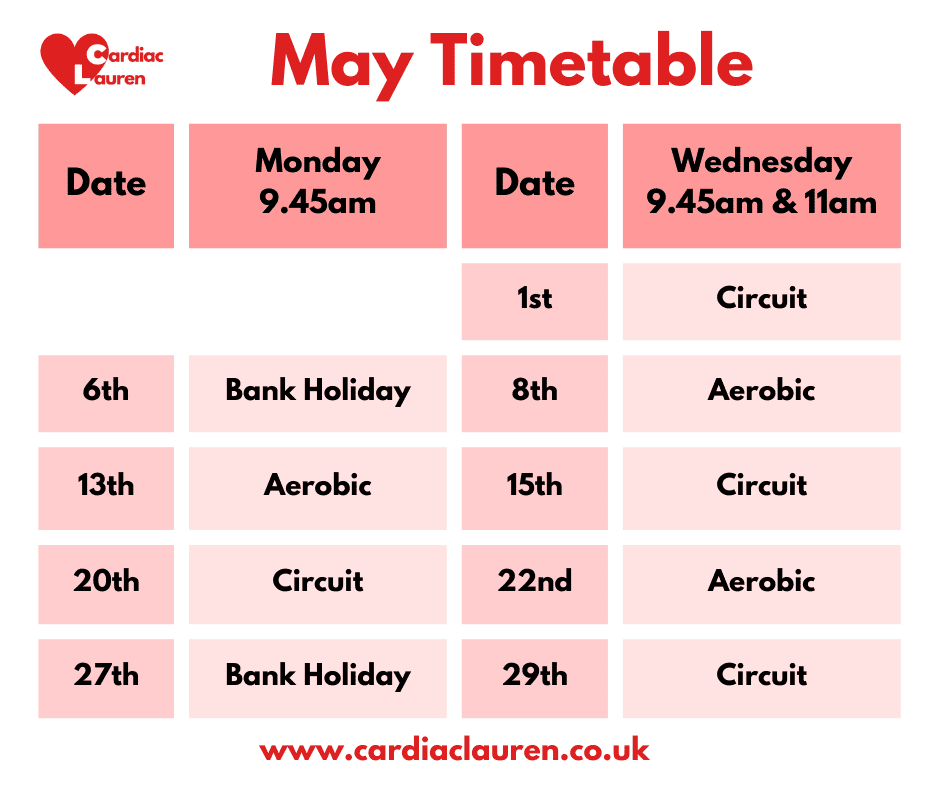 May 2024 - surbiton face-to-face cardiac rehab class timetable