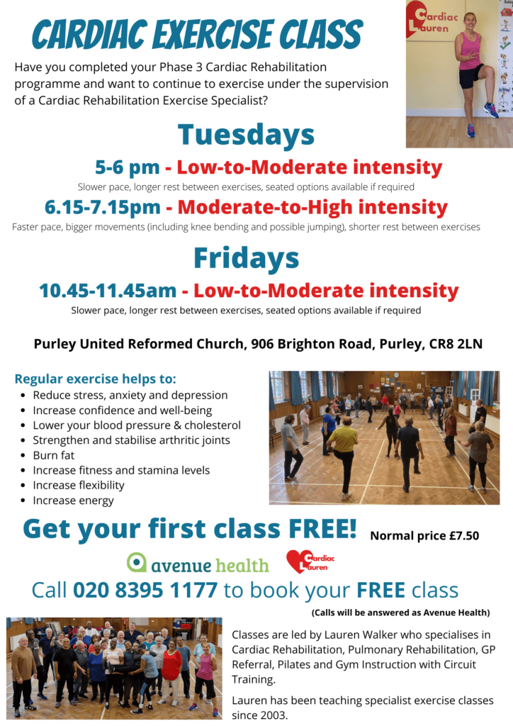 Purley, croydon, surrey, face-to-face cardiac rehabilitation cardiac lauren exercise class - flyer information