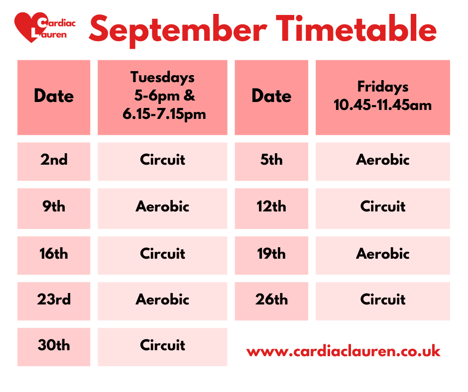 September 2025 - Purley Face-to-face Phase 4 Phase IV Cardiac Rehabilitation Exercise Class Timetable