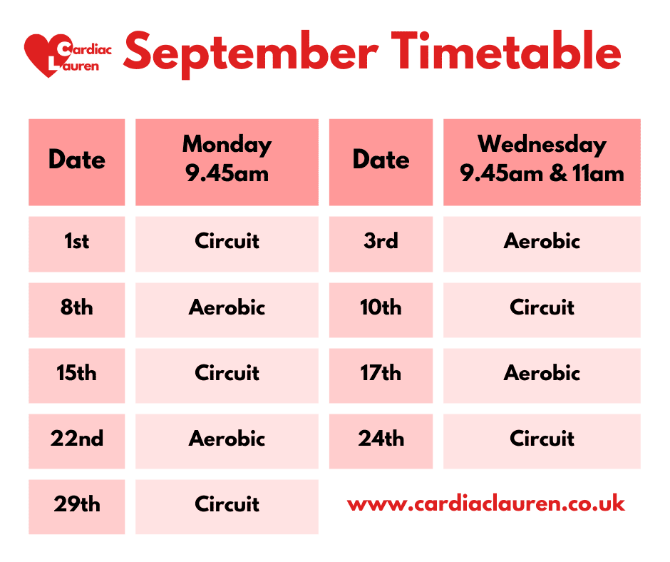 September 2025 - Surbiton Face-to-face Phase 4 Phase IV Cardiac Rehabilitation Exercise Class Timetable