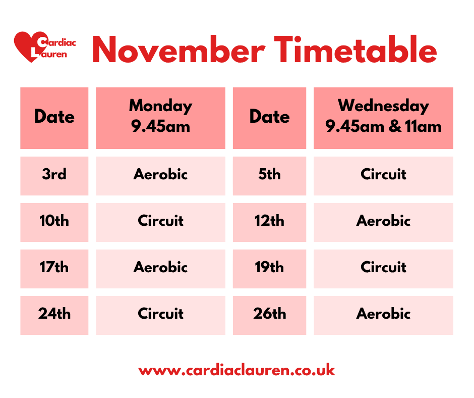 Face-To-Face Group Classes 2 November 2025 - Surbiton Face-to-face Phase 4 Phase IV Cardiac Rehabilitation Exercise Class Timetable