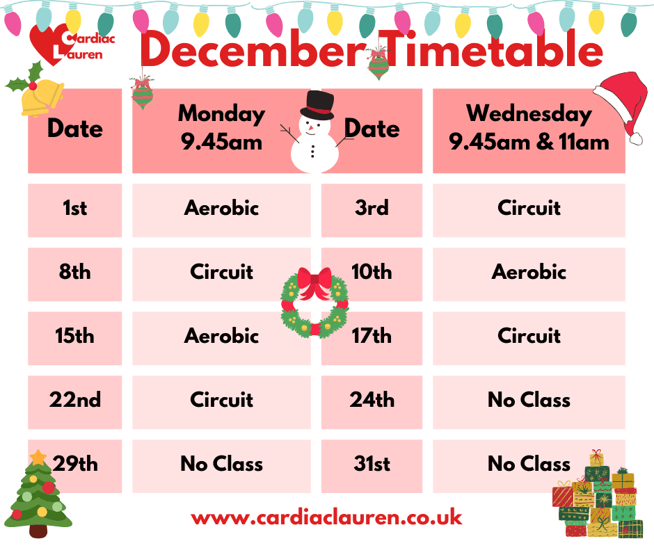 December 2025 - Surbiton Face-to-face Phase 4 Phase IV Cardiac Rehabilitation Exercise Class Timetable