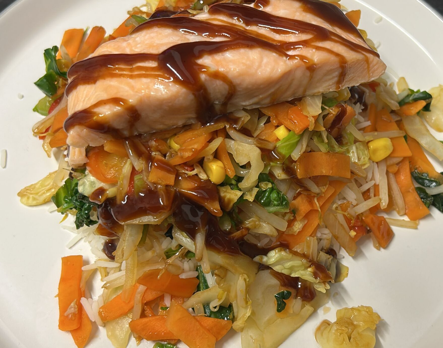 Salmon, stir fry veg, wild rice and hoisin sauce