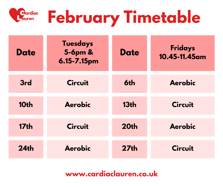 February 2026 - Purley Face-to-face Phase 4 Phase IV Cardiac Rehabilitation Exercise Class Timetable