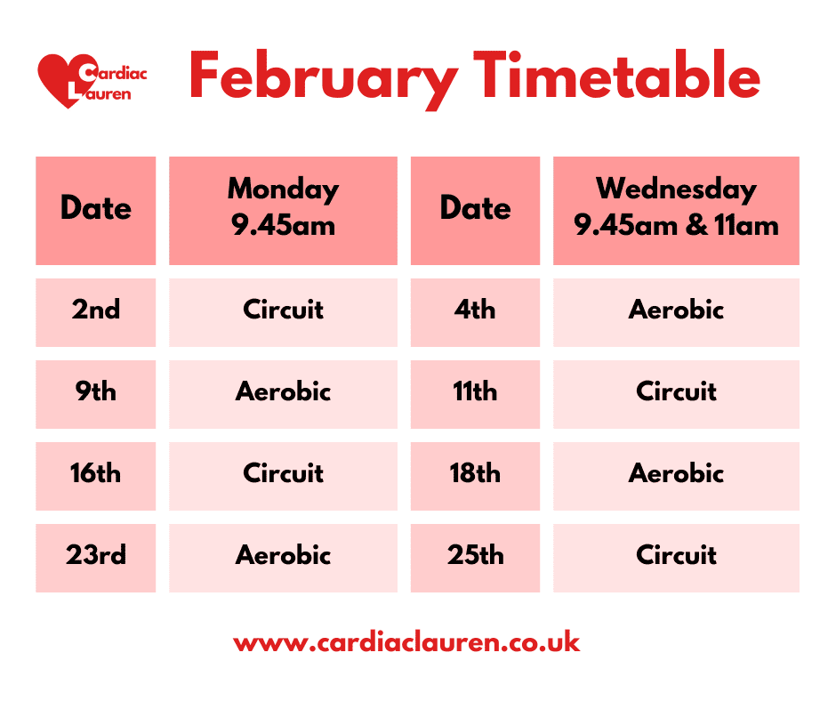 February 2026 - Surbiton Face-to-face Phase 4 Phase IV Cardiac Rehabilitation Exercise Class Timetable