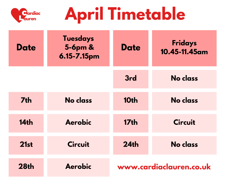 Face-to-face group classes 3 April 2026 - purley face-to-face phase 4 phase iv cardiac rehabilitation exercise class timetable