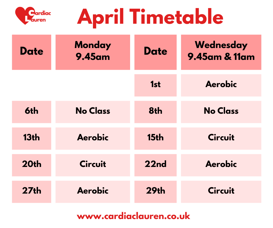 Face-to-face group classes 1 April 2026 - surbiton face-to-face phase 4 phase iv cardiac rehabilitation exercise class timetable