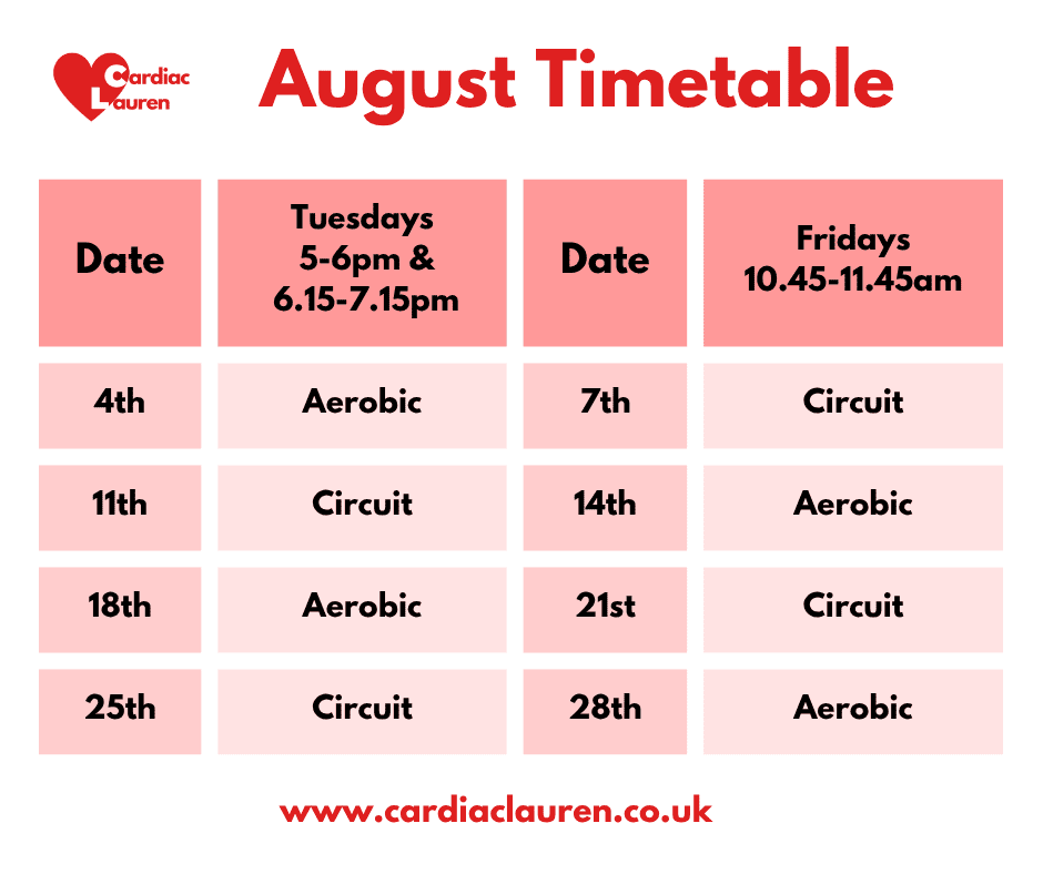 Face-to-face group classes 3 August 2026 - purley face-to-face phase 4 phase iv cardiac rehabilitation exercise class timetable