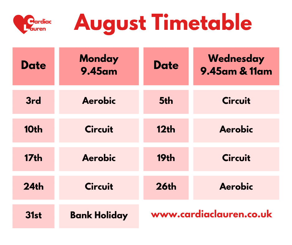 Face-to-face group classes 1 August 2026 - surbiton face-to-face phase 4 phase iv cardiac rehabilitation exercise class timetable