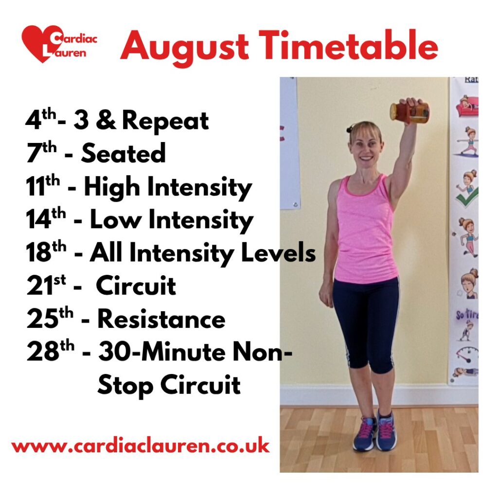 August 2026 timetable cardiac lauren online pre-recorded exercise classes