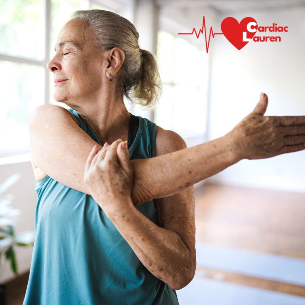 Cardiac rehab cool-down: why it matters (phase 4 exercise guide) 2 Arm stretch cardiac lauren