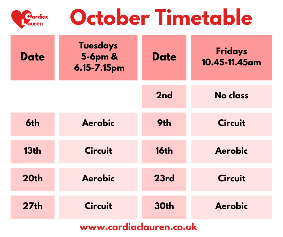 October 2026 - purley face-to-face phase 4 phase iv cardiac rehabilitation exercise class timetable