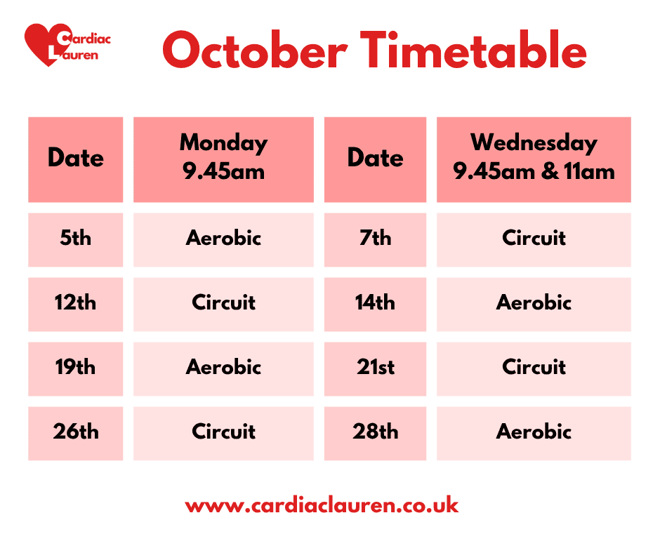 October 2026 - surbiton face-to-face phase 4 phase iv cardiac rehabilitation exercise class timetable